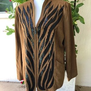Bob Mackie Wearable Art Brown Faux Suede Zip Jacket Black Zebra Sequins Size L